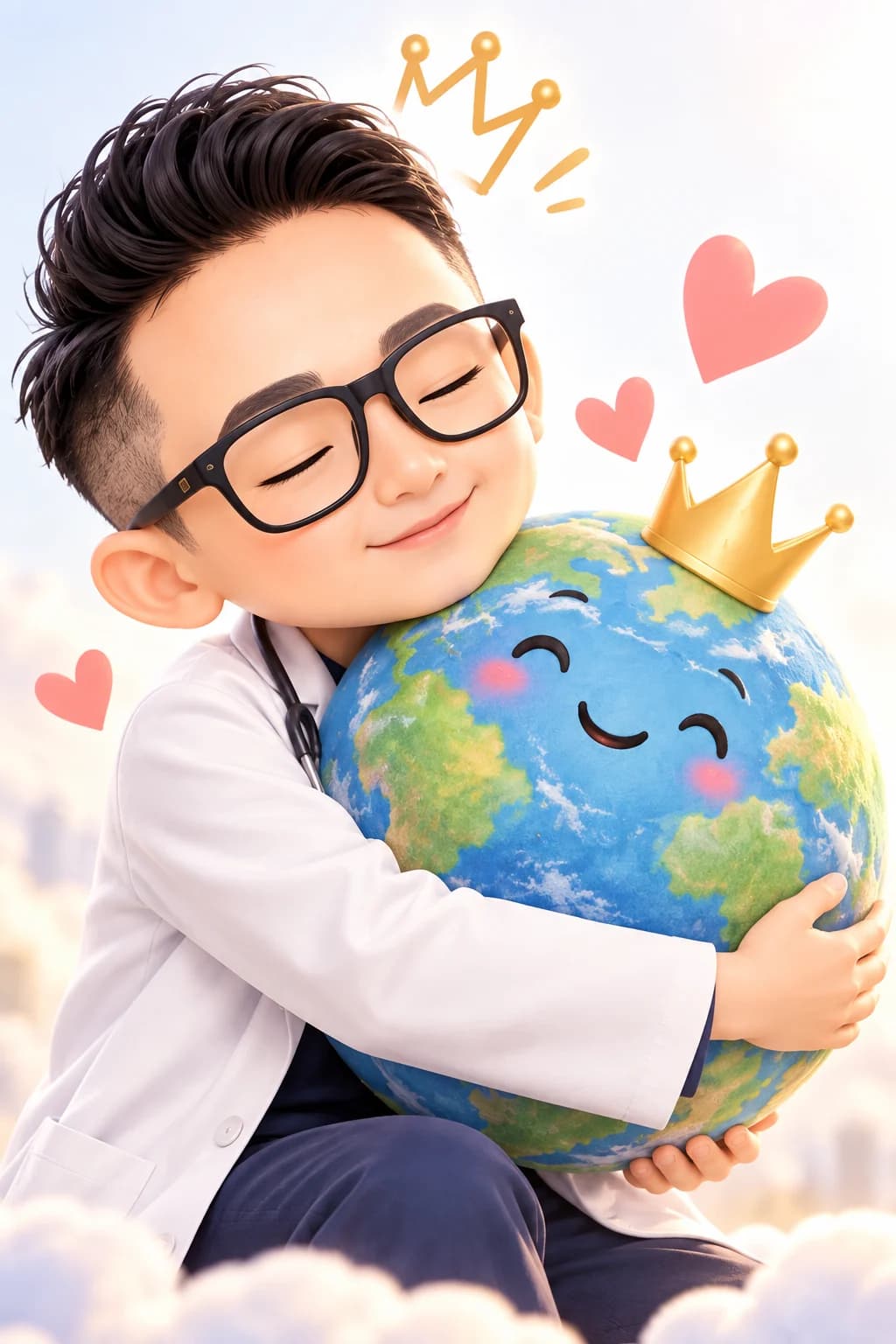 小王子醫師閉著眼擁抱戴著皇冠的地球