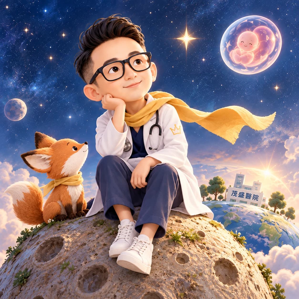 小王子醫師坐在星球上，身旁有一隻小狐狸，望向遠方的星星