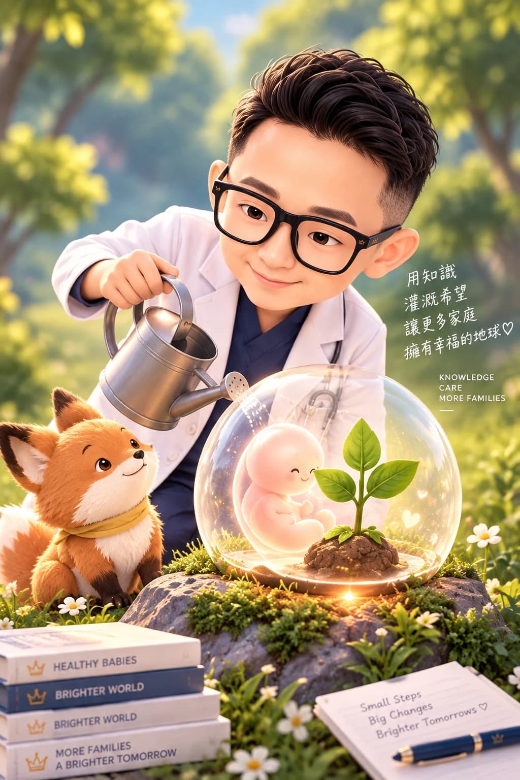 小王子醫師替玻璃罩裡的胚胎與新芽澆水：用知識灌溉希望